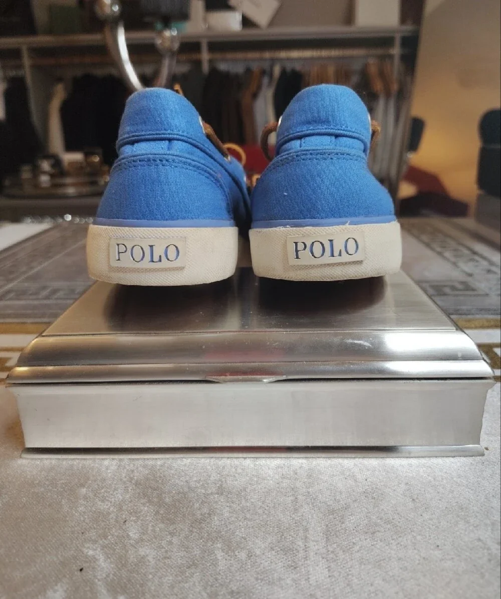 Polo by Ralph Lauren Blue Canvas Boat Shoes with Brown Laces Size 9.5 D